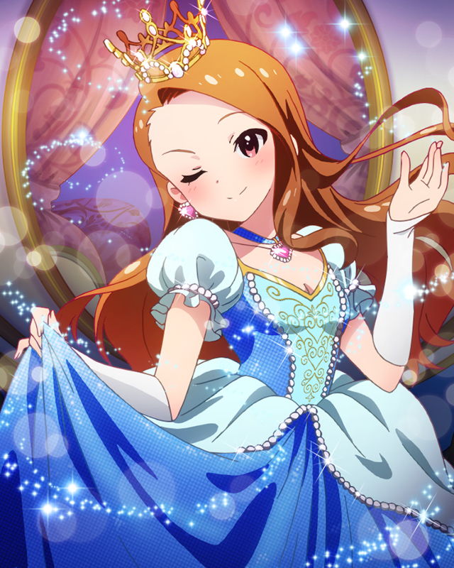 artist_request brown_hair cinderella crown earrings idolmaster idolmaster_(classic) idolmaster_million_live! jewelry long_hair minase_iori mirror official_art one_eye_closed pink_eyes solo