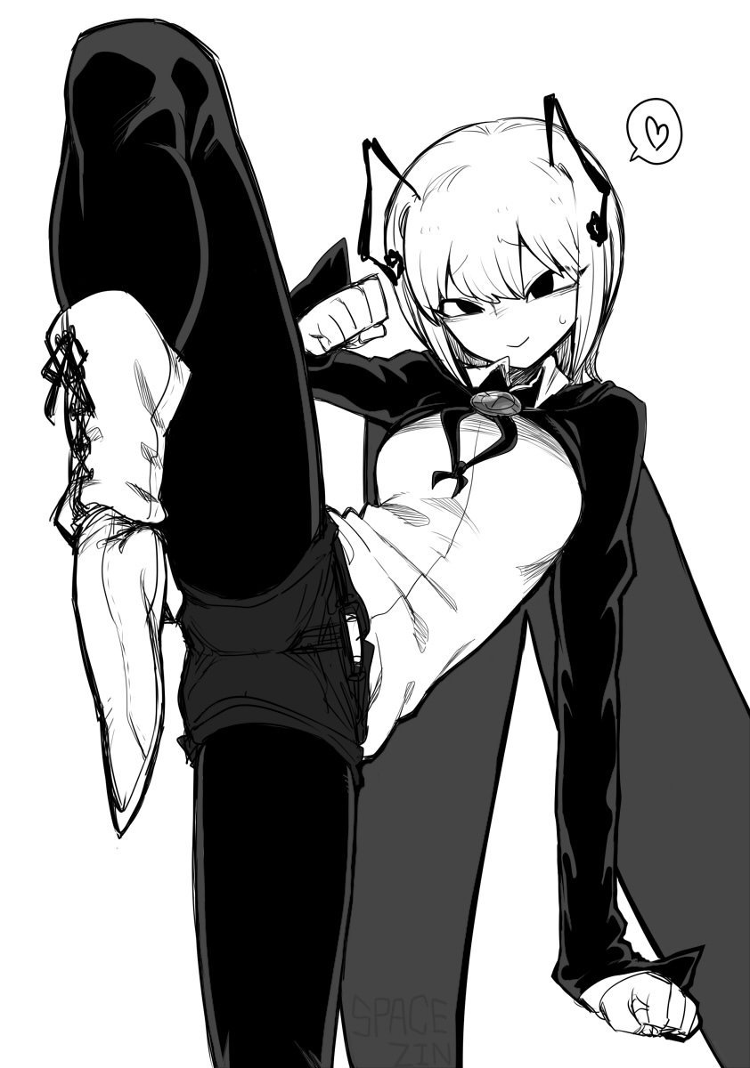 antennae artist_name boots breasts cape fighting_stance greyscale heart highres leg_lift legwear_under_shorts monochrome pantyhose shorts solo space_jin spoken_heart standing standing_on_one_leg touhou wriggle_nightbug