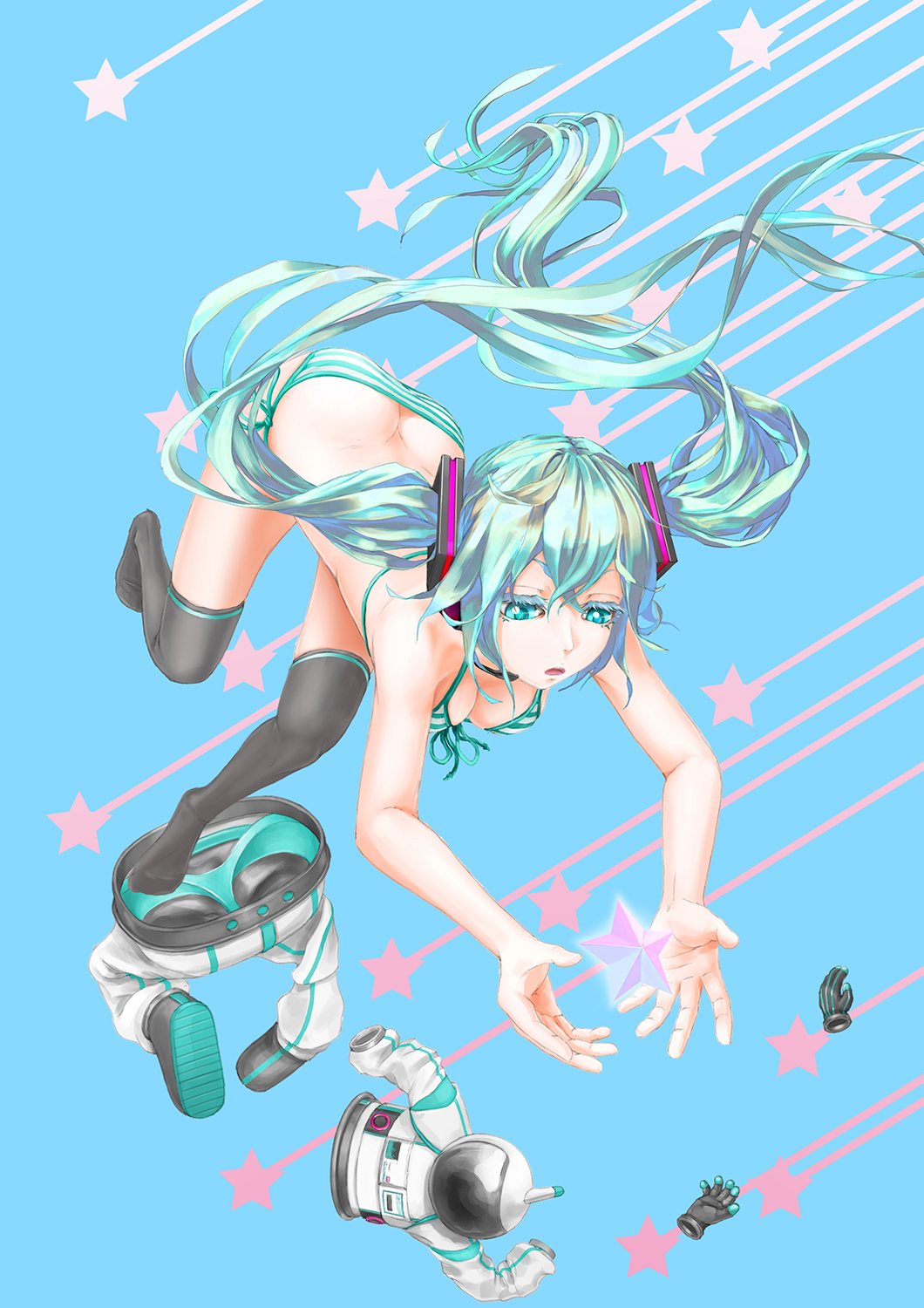 butt_crack colored_eyelashes green_eyes green_hair hatsune_miku highres long_hair panties pi_(pppppchang) side-tie_panties solo spacesuit star striped striped_panties thighhighs twintails underwear very_long_hair vocaloid