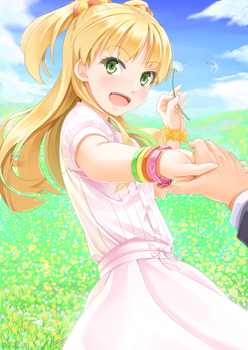 blonde_hair blush bracelet cloud dandelion day dress field flower flower_field green_eyes holding holding_hands idolmaster idolmaster_cinderella_girls jewelry jougasaki_rika long_hair looking_at_viewer miri_(ago550421) open_mouth out_of_frame pov pov_hands scrunchie sky solo_focus two_side_up
