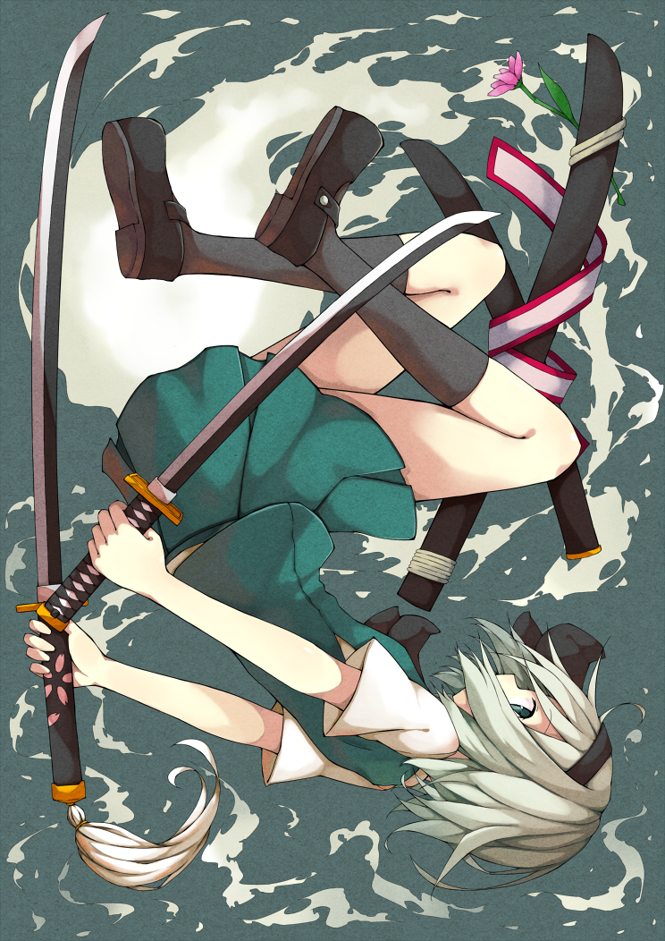 arms_behind_back asameshi black_legwear fetal_position full_body green_eyes grey_background hair_ribbon katana kneehighs konpaku_youmu konpaku_youmu_(ghost) legs_folded ofuda profile ribbon scabbard sheath shoes short_hair short_sleeves silver_hair simple_background skirt skirt_set solo sword touhou unsheathed upside-down wakizashi weapon