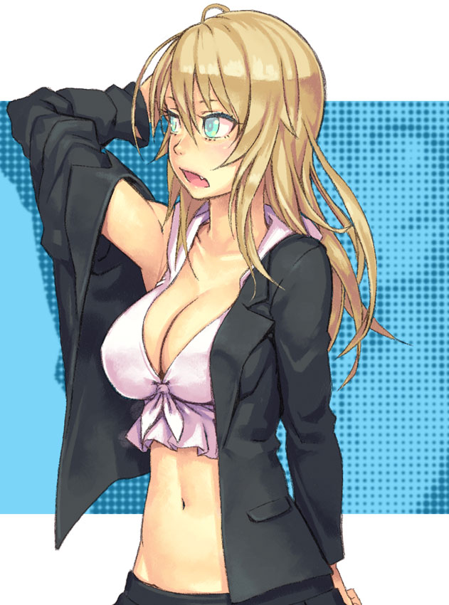blazer blonde_hair blue_eyes breasts cleavage crop_top fang halftone halftone_background hand_behind_head jacket large_breasts long_hair looking_away midriff mustard_seeds navel open_blazer open_clothes open_jacket open_mouth original solo stomach yuuji_(and)