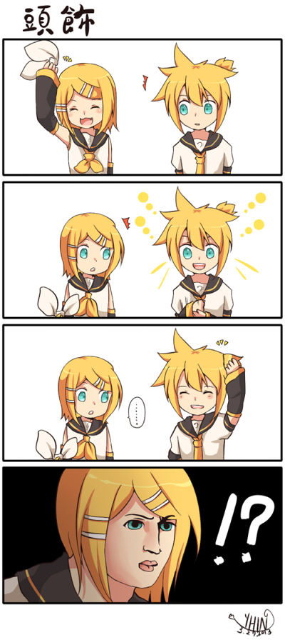 ... /\/\/\ 1boy 1girl 4koma :3 artist_name bangs blonde_hair blue_eyes blush bow bowtie chinese closed_eyes comic detached_sleeves hair_bow hair_ornament hairclip holding kagamine_len kagamine_rin lips lipstick looking_at_another makeup open_mouth school_uniform serafuku short_hair sidelocks silent_comic smile speech_bubble spiked_hair spoken_ellipsis translated vocaloid yhin