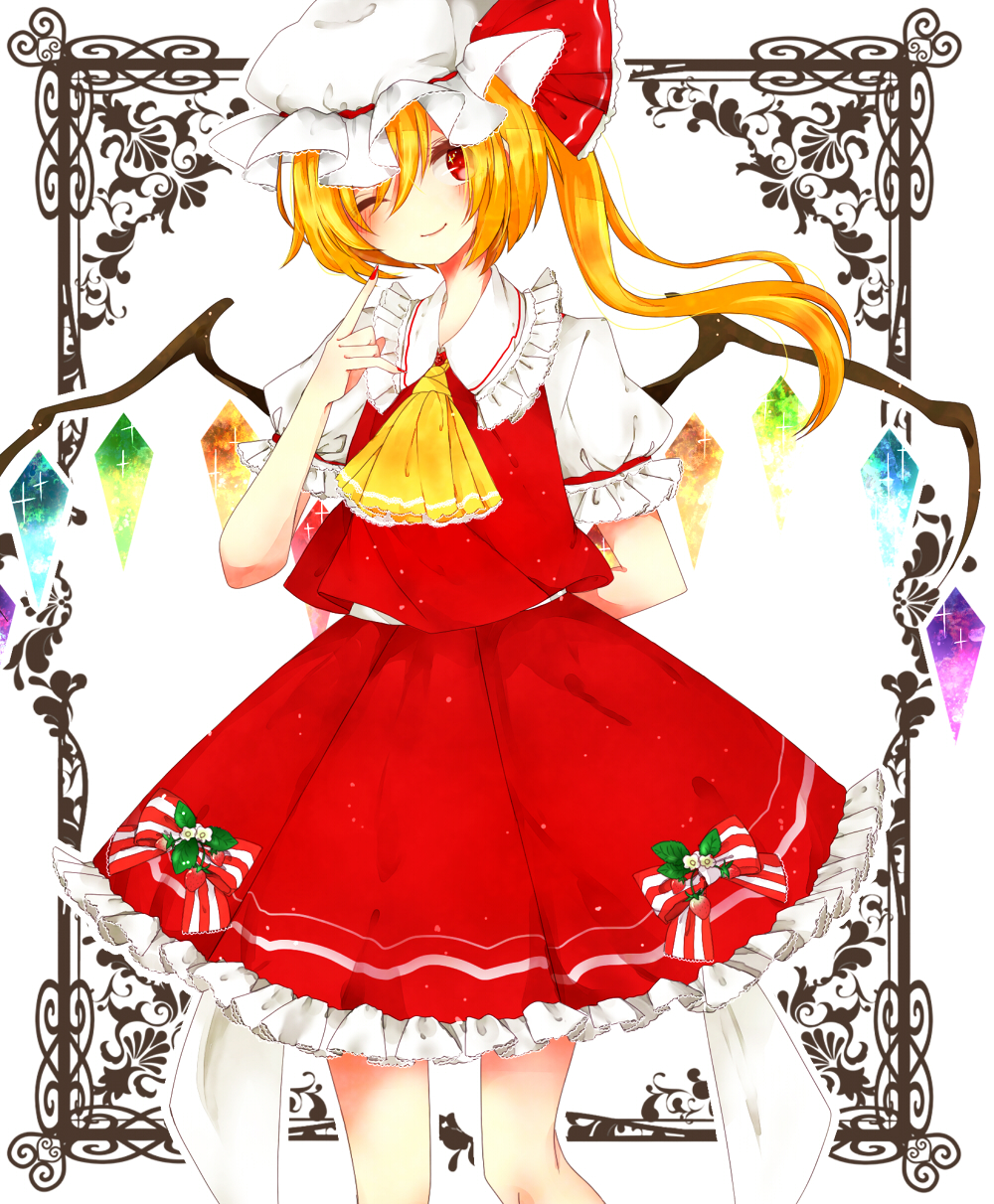 ;) arm_behind_back ascot blonde_hair border bow flandre_scarlet frilled_hat frilled_skirt frills hat highres mob_cap mokyuko one_eye_closed puffy_short_sleeves puffy_sleeves red_eyes short_sleeves side_ponytail skirt smile solo touhou vest wings