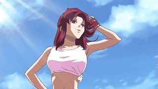 1girl animated animated_gif bouncing_breasts breasts cleavage cloud flay_allster gundam gundam_seed lowres red_hair sky smile tank_top
