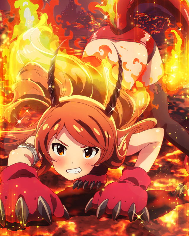 armlet bent_over brown_eyes brown_hair fire grin horns idolmaster idolmaster_million_live! lizard_tail looking_at_viewer official_art oogami_tamaki salamander smile solo tail thighhighs