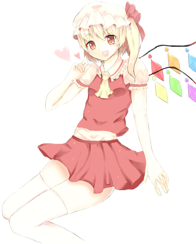 ascot blonde_hair fang flandre_scarlet hand_up hat hat_ribbon heart looking_at_viewer mob_cap open_mouth pale_color red_eyes ribbon sakura_miyu short_hair short_sleeves side_ponytail simple_background sitting skirt skirt_set solo thighhighs touhou white_background white_legwear wings