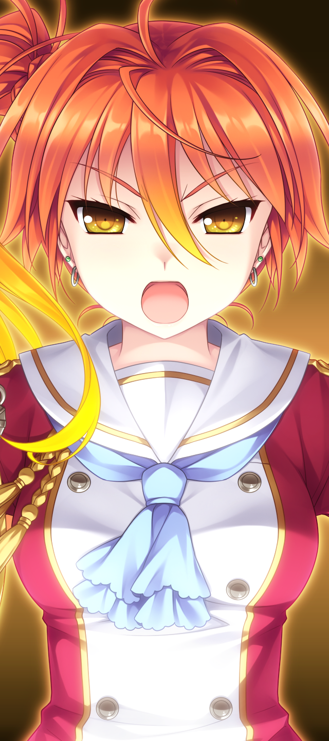 1girl breasts earrings ears face game_cg hello_lady! highres jewelry long_hair medium_breasts nose open_mouth orange_hair saeki_hokuto school_uniform side_ponytail simple_background solo standing yellow_eyes