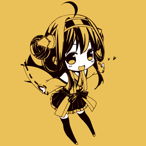 ahoge chibi detached_sleeves hairband japanese_clothes kantai_collection kongou_(kantai_collection) kouji_(campus_life) long_hair lowres md5_mismatch monochrome open_mouth smile solo yellow