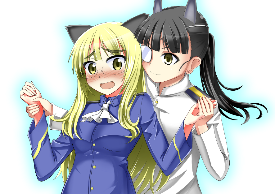 animal_ears black_hair blonde_hair blush cat_ears dog_ears eyepatch glasses holding_hands long_hair military military_uniform multiple_girls open_mouth perrine_h_clostermann ponytail red_liquid_(artist) sakamoto_mio strike_witches uniform world_witches_series yellow_eyes