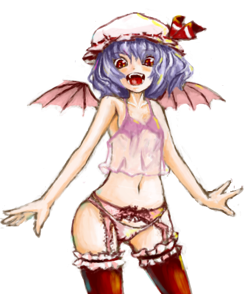 :d bat_wings blue_hair camisole collarbone fangs frilled_legwear garter_belt hat kutama lingerie looking_at_viewer mob_cap open_mouth red_eyes remilia_scarlet short_hair smile solo thighhighs touhou underwear underwear_only vampire white_background wings