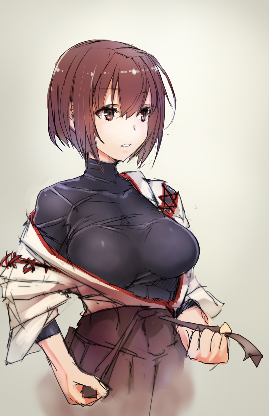 black_shirt breasts brown_eyes brown_hair highres hyuuga_(kantai_collection) japanese_clothes kantai_collection kimono large_breasts open_clothes open_kimono shirt short_hair simple_background sketch skin_tight solo taishi_(picchiridou)