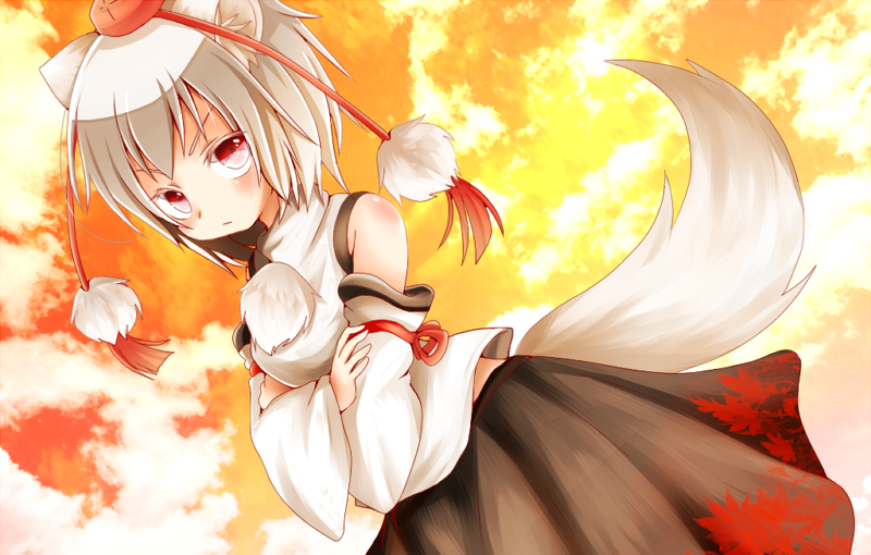animal_ears bare_shoulders blush breasts chikuwa_savi crossed_arms detached_sleeves hat inubashiri_momiji looking_at_viewer medium_breasts pom_pom_(clothes) red_eyes short_hair silver_hair skirt sky solo tail tokin_hat touhou wolf_ears wolf_tail