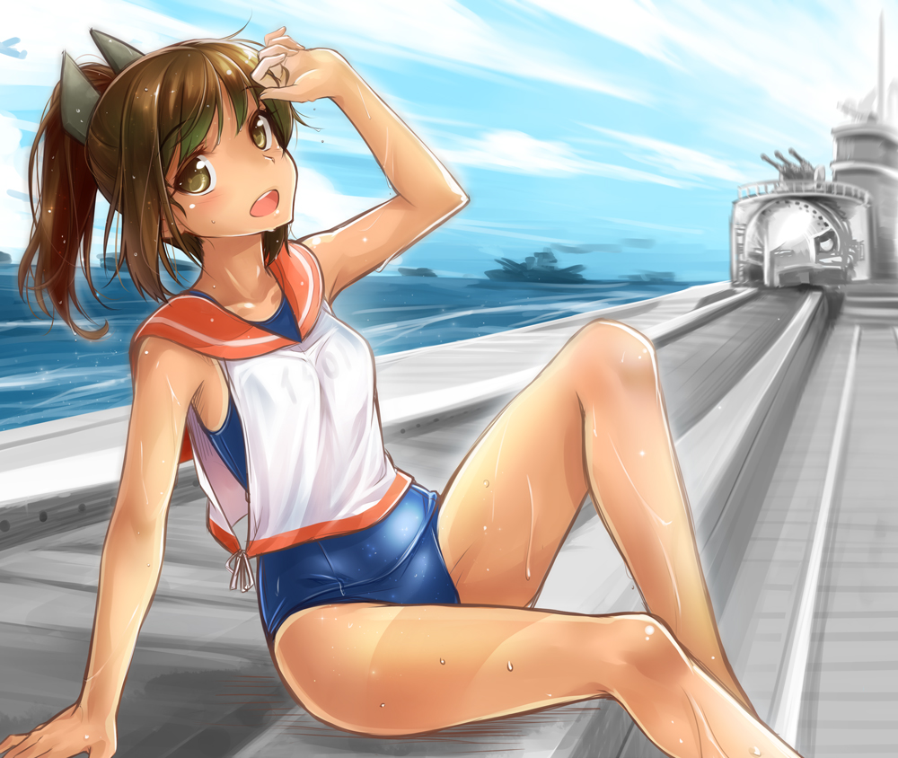 brown_eyes brown_hair cannon hair_ornament i-401_(kantai_collection) i-401_(submarine) kantai_collection looking_at_viewer military military_vehicle okitakung open_mouth ponytail school_swimsuit ship shirt silver_hair sitting solo submarine sweat swimsuit swimsuit_under_clothes water watercraft