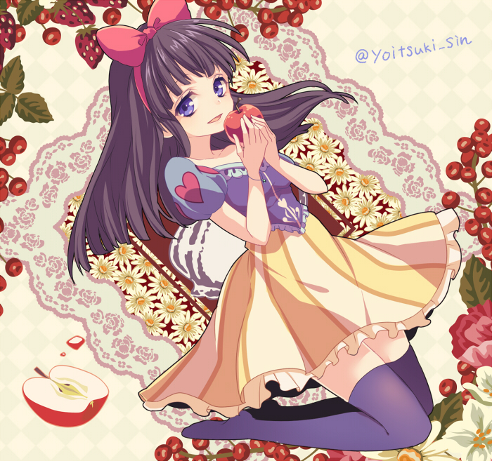 apple black_hair blue_eyes bow chi_yu dress food fruit hair_bow long_hair open_mouth puffy_sleeves red_bow short_sleeves smile snow_white_(grimm) snow_white_and_the_seven_dwarfs solo thighhighs