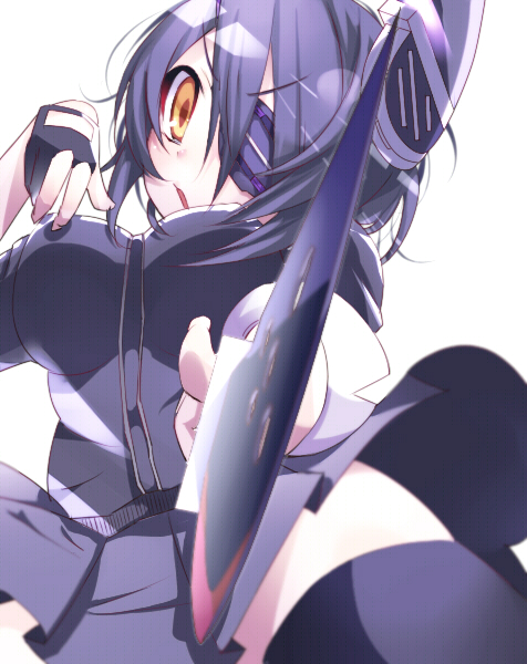 eyepatch fingerless_gloves foreshortening gloves headgear kantai_collection left-handed looking_at_viewer open_mouth perspective purple_hair short_hair solo soratoa sword tenryuu_(kantai_collection) thighhighs weapon yellow_eyes
