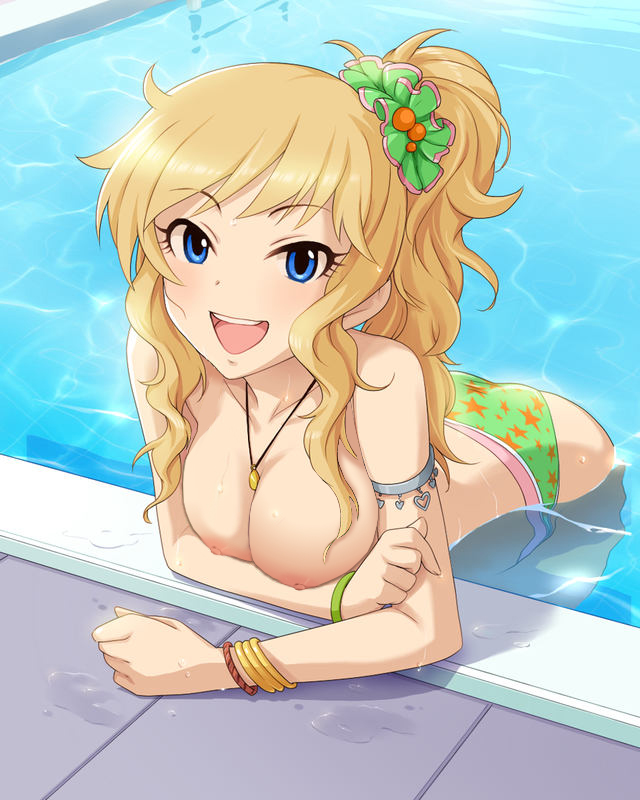 :d annindoufu_(oicon) arm_support armlet arms bangs bare_shoulders bent_over bikini bikini_bottom blonde_hair blue_eyes bracelet breast_rest breasts collarbone female floor hair_ornament hands idolmaster idolmaster_cinderella_girls jewelry long_hair long_image looking_at_viewer lots_of_jewelry necklace nipples nude_filter ootsuki_yui open_mouth partially_submerged payot pendant photoshop ponytail pool poolside print_bikini scrunchie shiny shiny_hair smile solo star_print swimsuit tall_image teeth topless water wavy_hair wet wristband