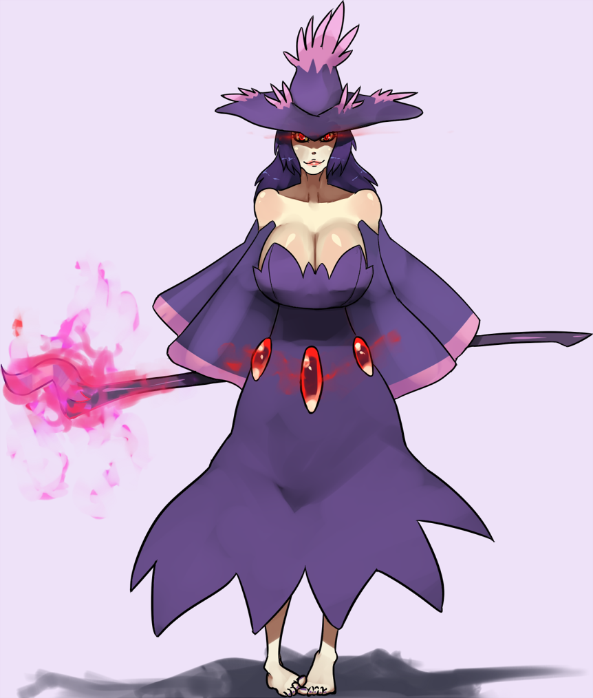 bad_id bad_tumblr_id bare_shoulders barefoot black_hair breasts cleavage detached_sleeves dress gen_4_pokemon glowing glowing_eyes hat huge_breasts long_hair mismagius personification pigeon-toed pokemon red_eyes scathegrapes solo staff wide_sleeves witch_hat