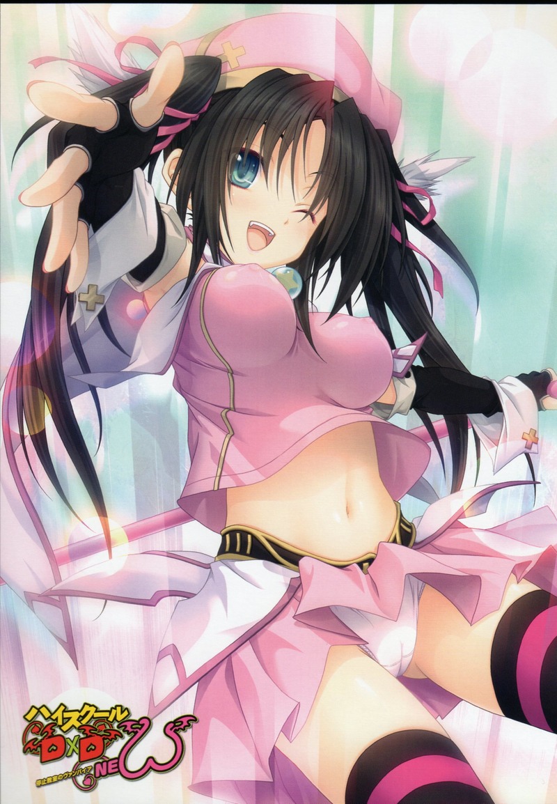 1girl black_hair blue_eyes breasts cameltoe cuff_links erect_nipples fingerless_gloves gloves hat high_school_dxd impossible_clothes large_breasts midriff miyama-zero official_art open_mouth panties pantyshot serafall_leviathan solo staff striped striped_legwear thighhighs twintails underwear upskirt wind_lift wink