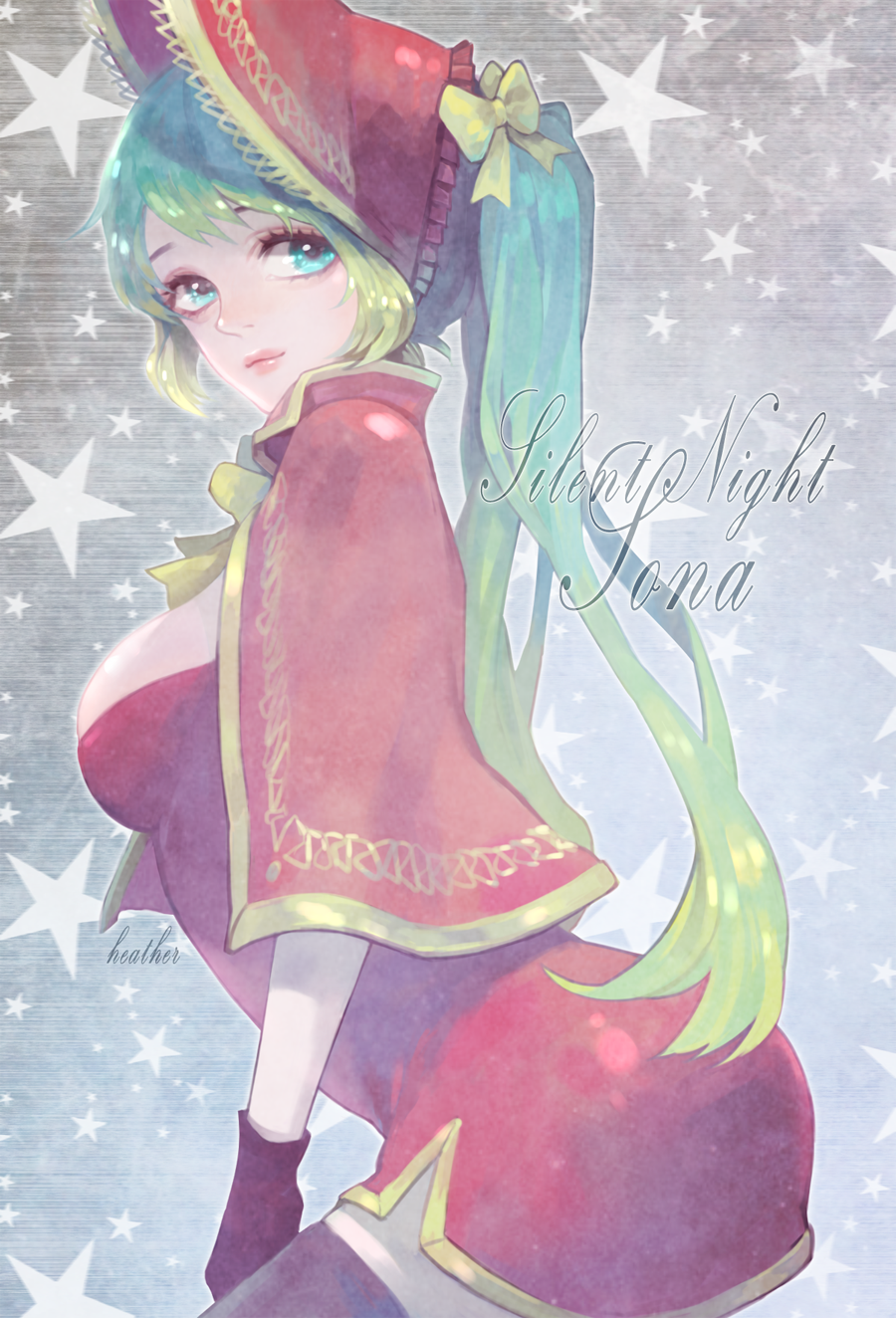 alternate_costume black_gloves blue_eyes blue_hair breasts character_name christmas dress gloves hat heather37 highres large_breasts league_of_legends long_hair red_dress silent_night_sona smile solo sona_buvelle twintails