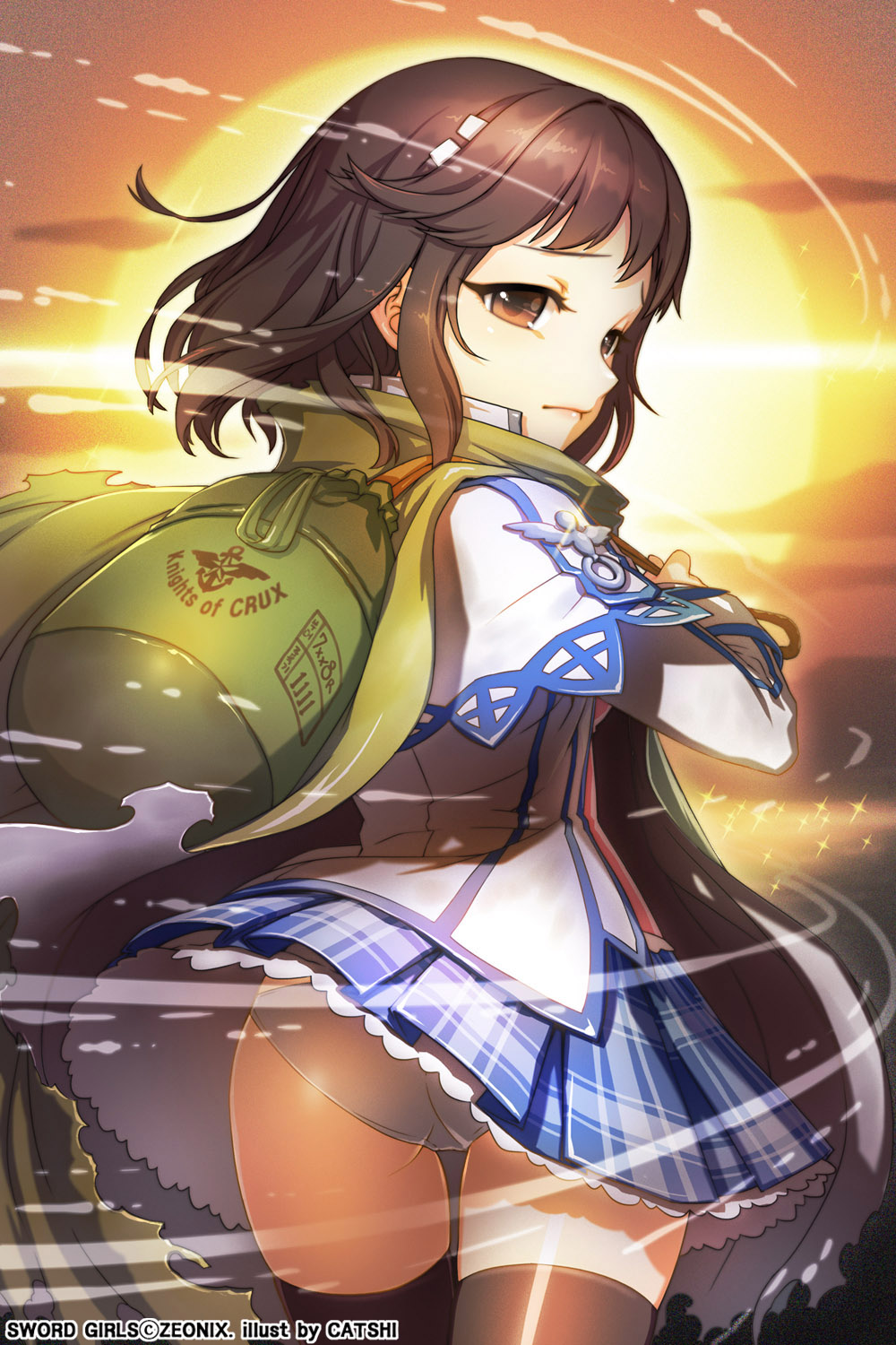 ass backpack bag brown_eyes brown_hair cape capelet cat_shi frills hair_ornament hairclip highres looking_back lucca panties pantyshot sad short_hair skirt solo sunset sword_girls thighhighs underwear white_panties wind wind_lift