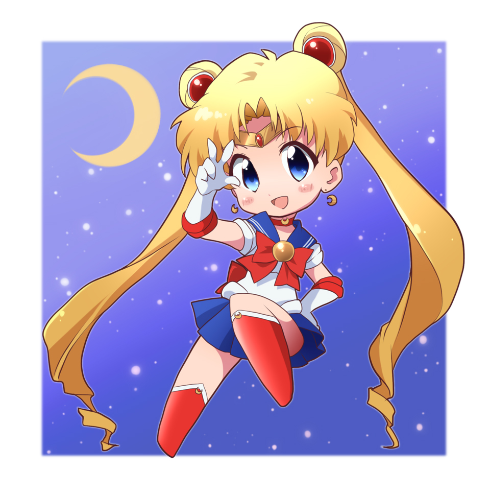 bishoujo_senshi_sailor_moon blonde_hair blue_background blue_eyes blue_sailor_collar blue_skirt blush boots bow brooch chibi choker crescent_moon double_bun earrings elbow_gloves full_body gloves hair_ornament hairpin jewelry kingetsu_mikoto knee_boots light_particles long_hair magical_girl moon pleated_skirt red_bow red_choker ribbon sailor_collar sailor_moon sailor_senshi_uniform skirt smile solo tsukino_usagi twintails v white_gloves