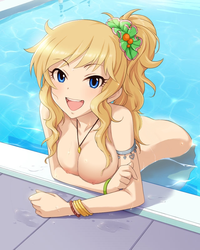 :d annindoufu_(oicon) arm_support armlet arms back bangs bare_shoulders bent_over blonde_hair blue_eyes bracelet breast_rest breasts collarbone female floor hair_ornament hands idolmaster idolmaster_cinderella_girls jewelry long_hair long_image looking_at_viewer lots_of_jewelry necklace nipples nude nude_filter ootsuki_yui open_mouth partially_submerged payot pendant photoshop ponytail pool poolside scrunchie shiny shiny_hair smile solo tall_image teeth water wavy_hair wet wristband