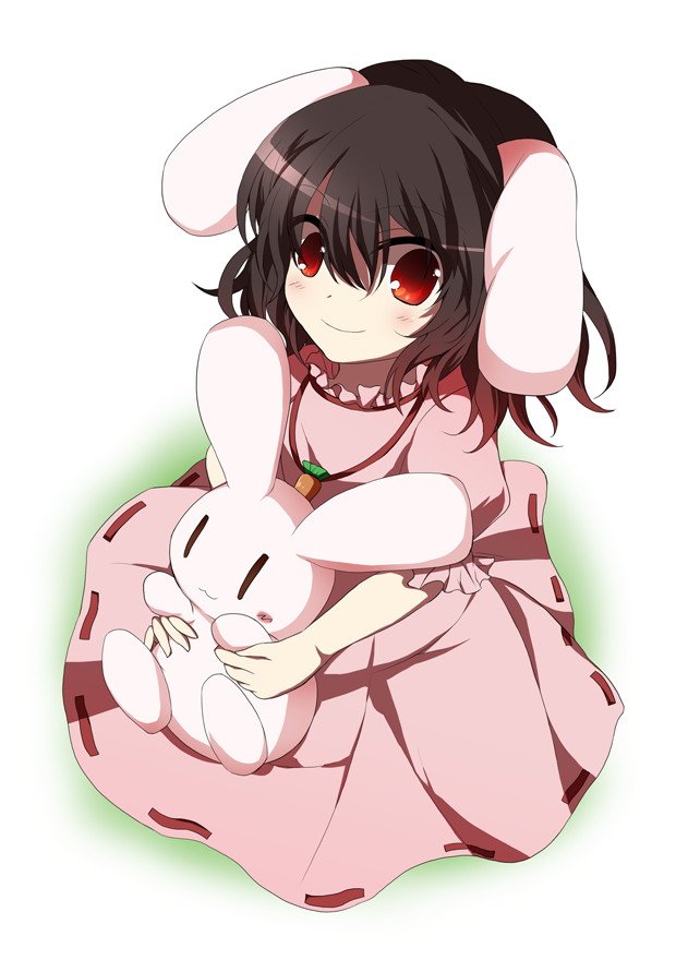 :3 animal_ears bad_id bad_pixiv_id brown_hair bunny bunny_ears carrot carrot_necklace dress inaba_tewi jewelry looking_at_viewer nakukoroni necklace pendant pink_dress puffy_sleeves red_eyes short_sleeves simple_background sitting smile solo touhou white_background |_|