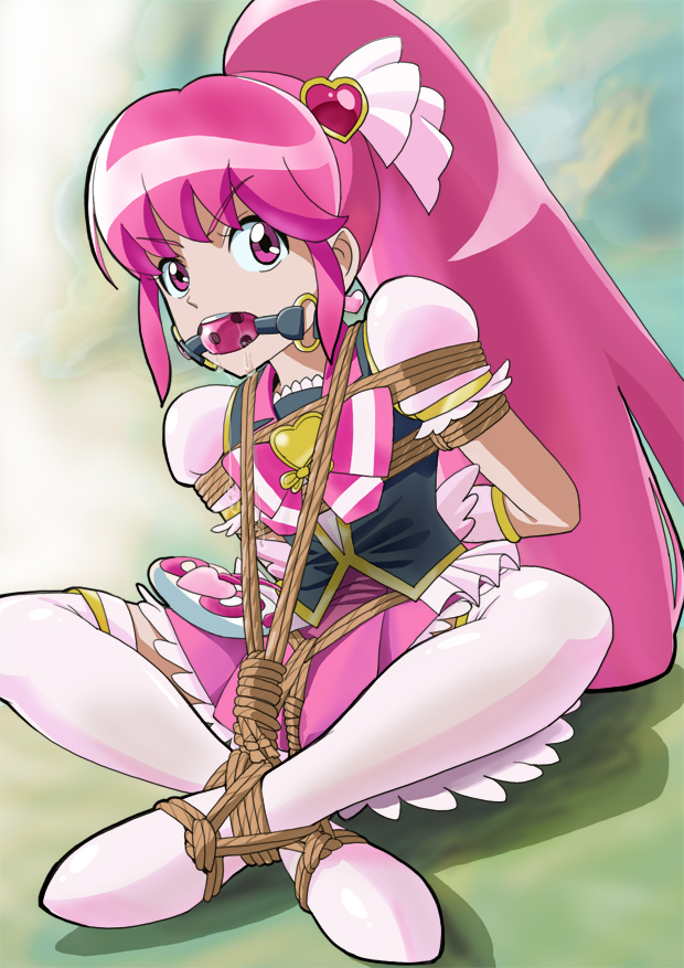 1girl aino_megumi ball_gag bdsm bondage bound cure_lovely gag gagged happinesscharge_precure! pink_eyes pink_hair ponytail precure rope shibari