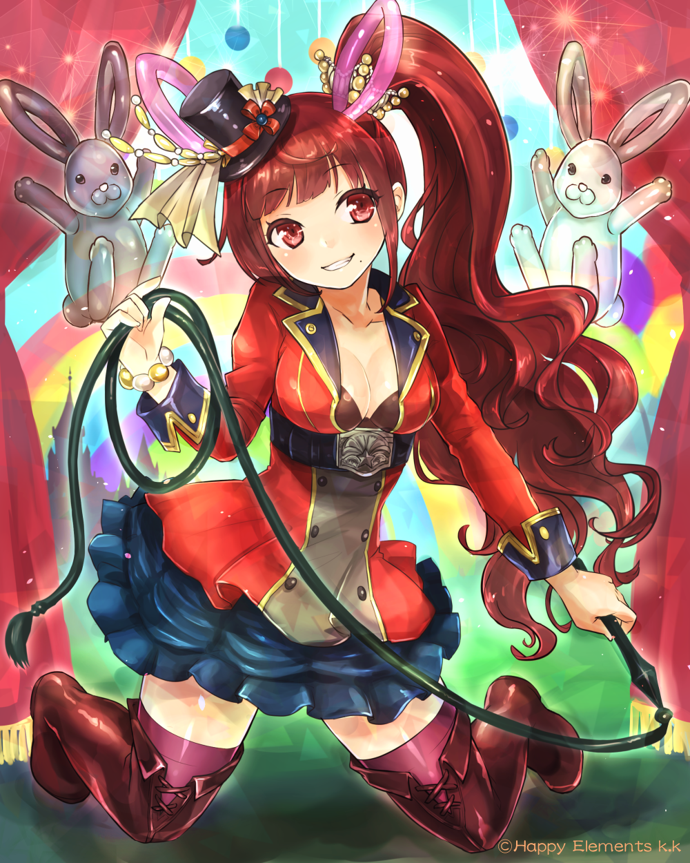 ball blue_skirt blush boots breasts cleavage grin hat highres kuuyasatuki long_hair long_sleeves majoca_majoluna medium_breasts mole mole_under_mouth original red_eyes red_hair red_shirt shirt side_ponytail skirt smile solo thigh_boots thighhighs whip