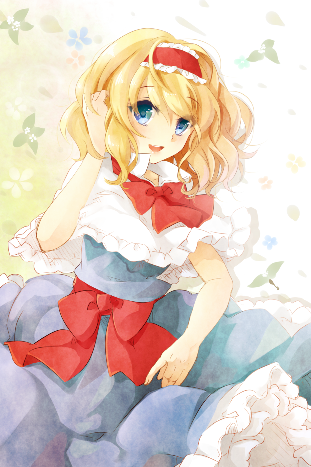 alice_margatroid blonde_hair blue_dress blue_eyes bow capelet dress hairband hand_in_hair highres lolita_hairband looking_at_viewer open_mouth puracotte sash smile solo touhou