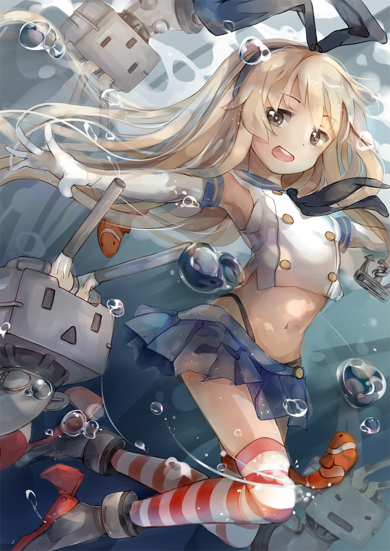 anchor blonde_hair brown_eyes bubble elbow_gloves fish gloves hairband ivy1993 kantai_collection lifebuoy long_hair navel open_mouth outstretched_arms rensouhou-chan shimakaze_(kantai_collection) skirt solo striped striped_legwear thighhighs underwater white_gloves