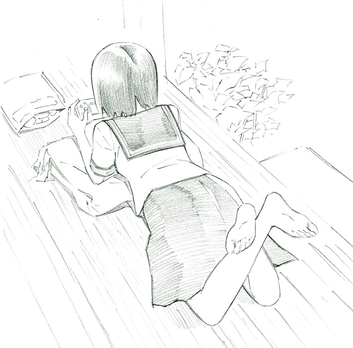 barefoot chips crossed_legs feet food from_behind handheld_game_console lying monochrome original pillow pillow_support playing school_uniform serafuku short_hair sketch soles solo toes traditional_media wooden_floor yoshitomi_akihito