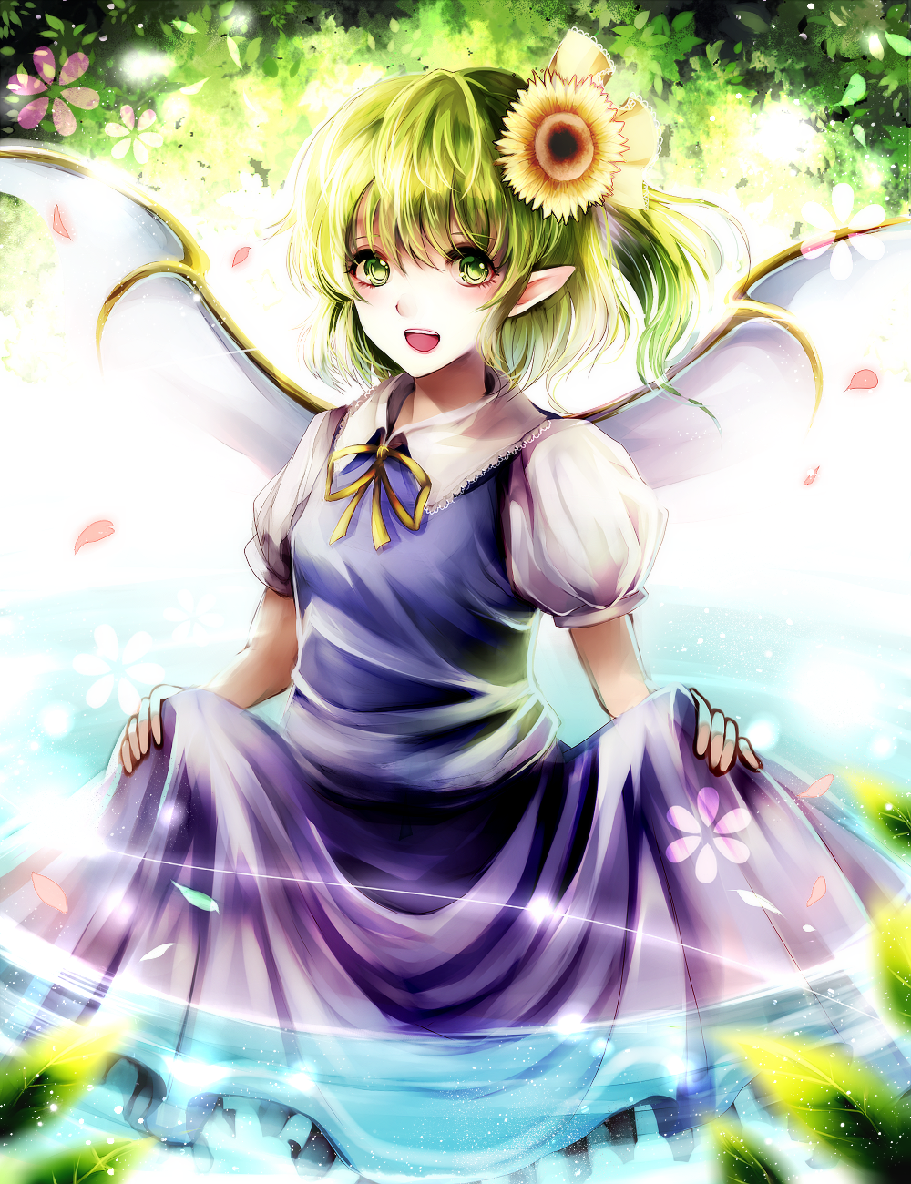 daiyousei dress eyelashes fairy_wings flower green_eyes green_hair hair_flower hair_ornament highres kotonoman leaf leaf_background light_trail looking_at_viewer open_mouth petals pointy_ears puffy_short_sleeves puffy_sleeves short_hair short_sleeves side_ponytail skirt skirt_lift solo sunflower touhou wings
