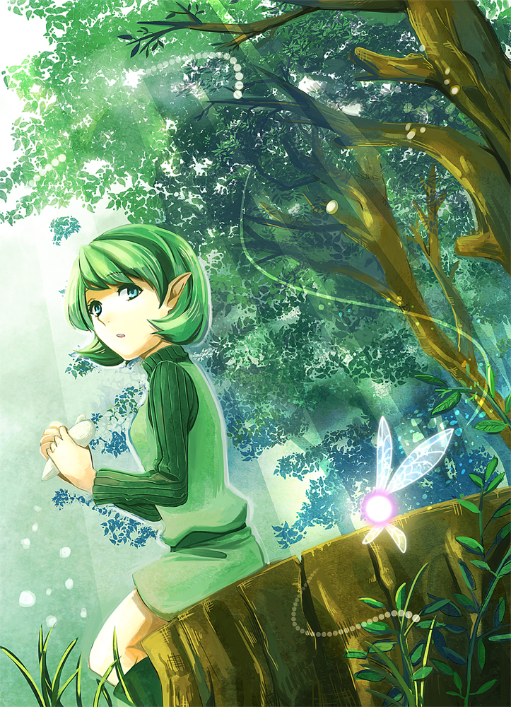 blue_eyes boots dutch_angle fairy forest grass green_hair green_hairband hairband ichimoku_(373117) instrument long_sleeves nature ocarina parted_lips pointy_ears saria short_hair shorts sitting sitting_on_tree_stump solo the_legend_of_zelda the_legend_of_zelda:_ocarina_of_time tree tree_stump