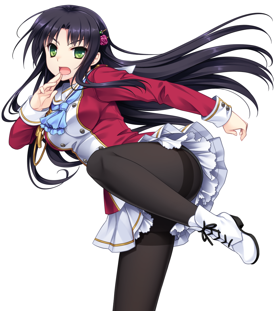 1girl angry breasts game_cg green_eyes hello_lady! highres legs long_hair looking_at_viewer medium_breasts open_mouth pantyhose purple_hair saeki_hokuto school_uniform shoes simple_background skirt solo standing thighs