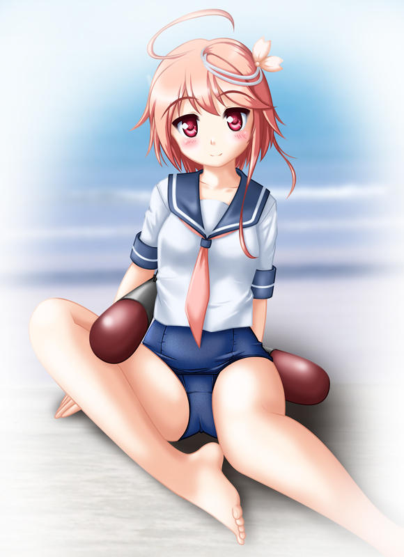 i-58_(kantai_collection) kantai_collection neopure pink_hair red_eyes school_swimsuit school_uniform short_hair sitting solo swimsuit swimsuit_under_clothes torpedo