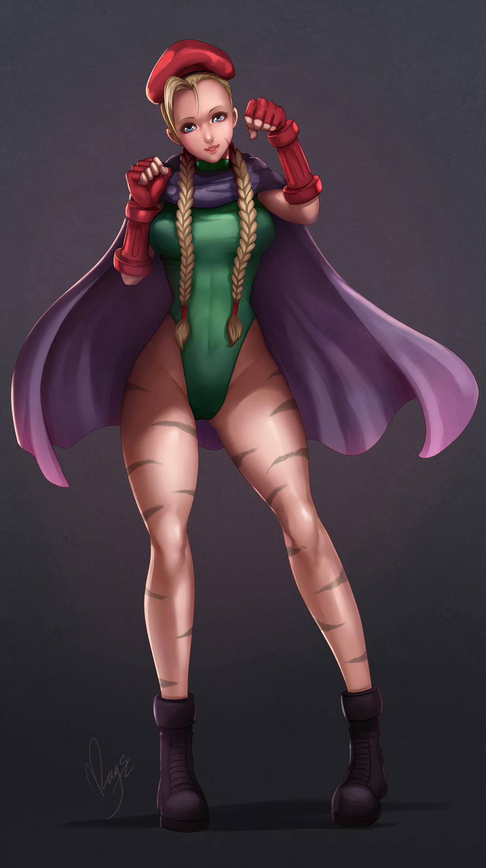 antenna_hair bad_deviantart_id bad_id beret blonde_hair blue_eyes braid breasts cammy_white camouflage cape contrapposto fingerless_gloves full_body gloves green_leotard hat head_tilt highres large_breasts leotard lips long_hair magion02 paw_pose scar solo standing street_fighter thick_thighs thighs twin_braids