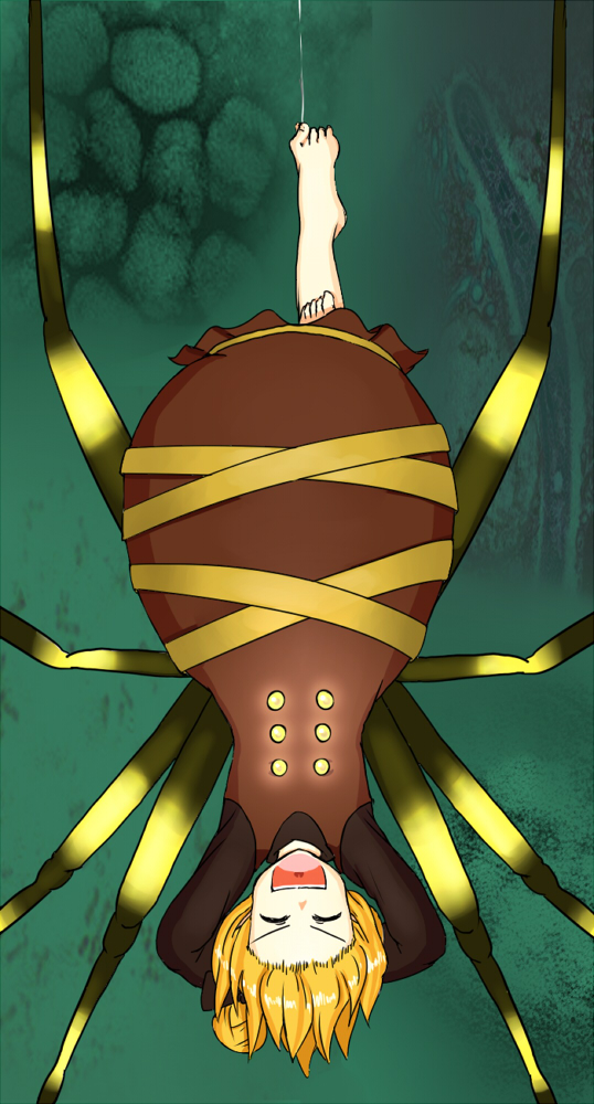 :d arms_behind_head barefoot blonde_hair closed_eyes dress hanging imokenpi1215 insect_girl kurodani_yamame monster_girl open_mouth silk smile solo spider_girl spider_web touhou upside-down