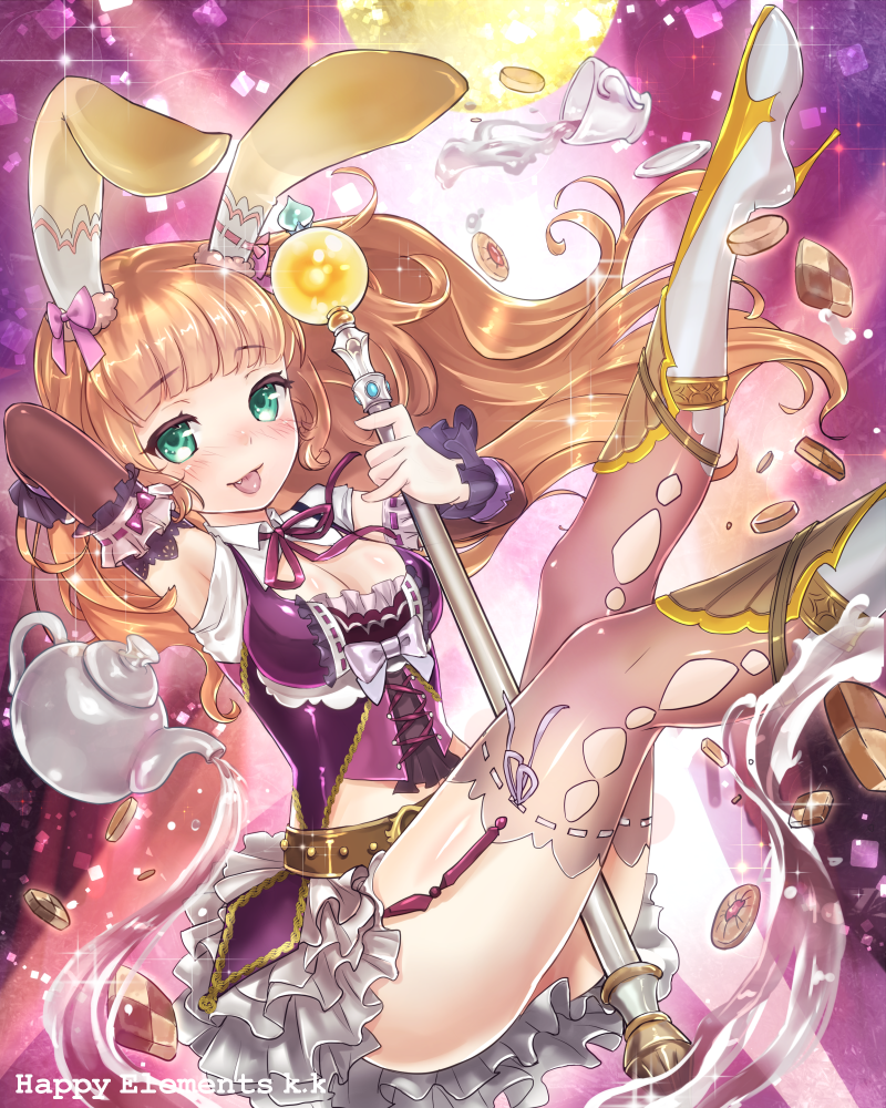 :p animal_ears belt blonde_hair blush boots breasts bunny_ears checkerboard_cookie cleavage cookie cup fangs food green_eyes jam_cookie kuuyasatuki long_hair majoca_majoluna medium_breasts original skirt solo staff teacup thighhighs tongue tongue_out white_skirt