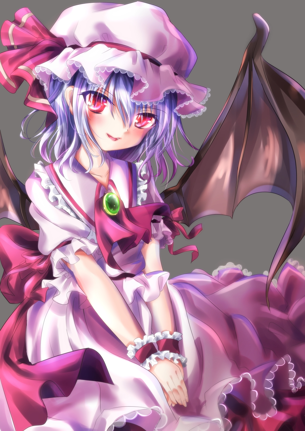 ascot bat_wings blue_hair brooch fang grey_background hands_on_lap hands_together hat hat_ribbon head_tilt higashimura highres jewelry looking_at_viewer mob_cap parted_lips puffy_short_sleeves puffy_sleeves red_eyes remilia_scarlet ribbon short_hair short_sleeves simple_background sitting skirt skirt_set slit_pupils solo touhou v_arms wings wrist_cuffs