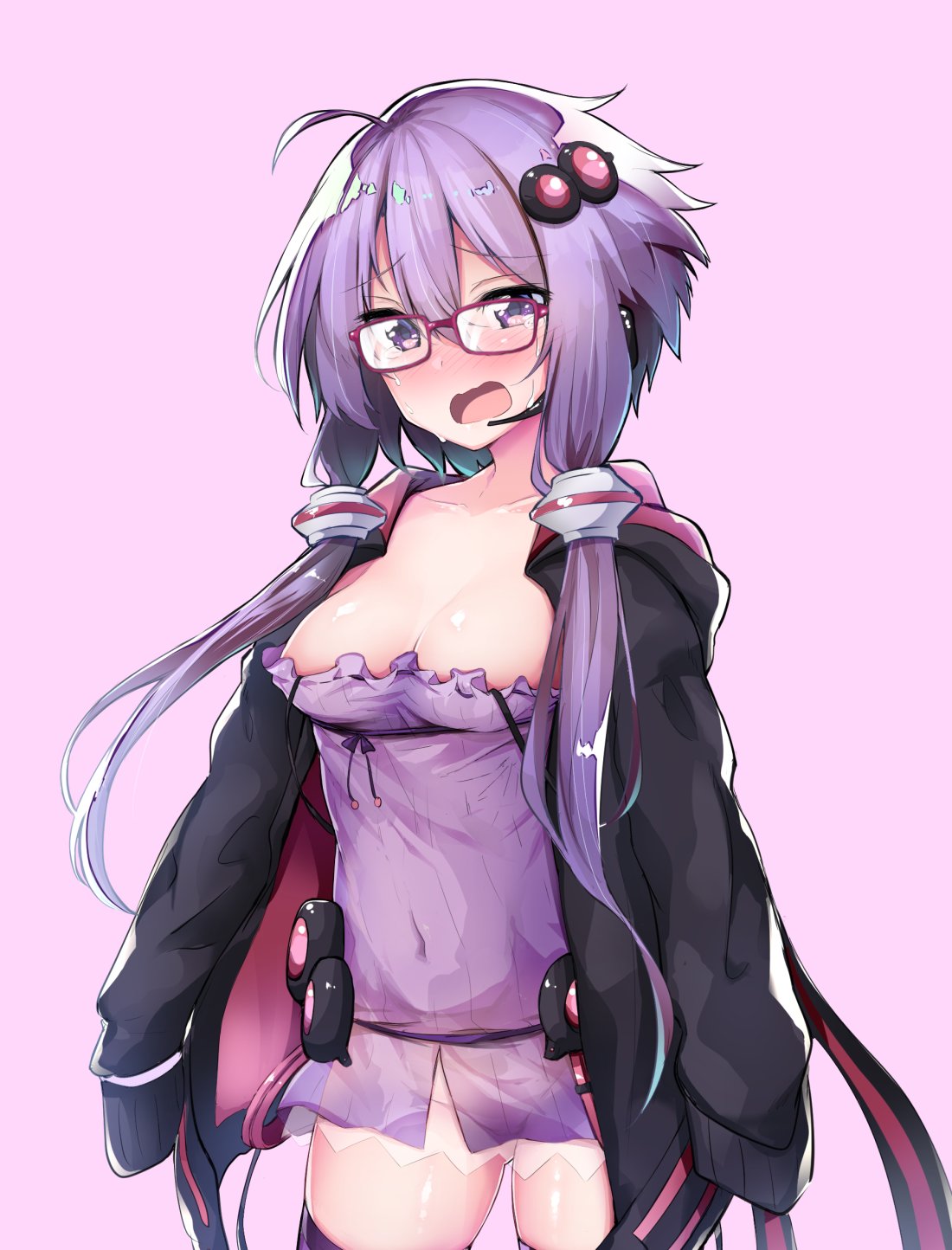 1girl ahoge bangs bespectacled black_jacket breasts chipa_(arutana) cleavage collarbone commentary_request covered_navel cowboy_shot crying crying_with_eyes_open detached_sleeves dress embarrassed eyebrows_visible_through_hair frilled_dress frills glasses gluteal_fold groin hair_between_eyes hair_ornament highres jacket long_sleeves looking_away medium_breasts microphone no_panties open_clothes open_jacket open_mouth purple-framed_eyewear purple_dress purple_eyes purple_hair purple_legwear see-through short_hair_with_long_locks simple_background sleeves_past_fingers sleeves_past_wrists solo standing strap_slip tearing_up tears thighhighs vocaloid voiceroid wavy_mouth white_background yuzuki_yukari