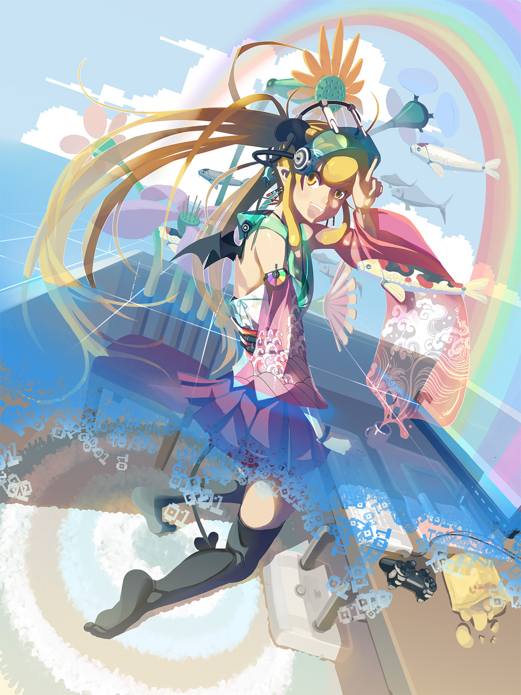 black_legwear blonde_hair brown_hair copyright_request day demon_girl detached_sleeves earrings fang fish flower from_behind game_console highres horns jewelry kneeling laughing long_hair looking_back miniskirt multicolored_hair playstation pleated_skirt psychedelic rainbow skirt skirt_lift sky smile solo tail thighhighs two-tone_hair very_long_hair visor vofan wings yellow_eyes zettai_ryouiki
