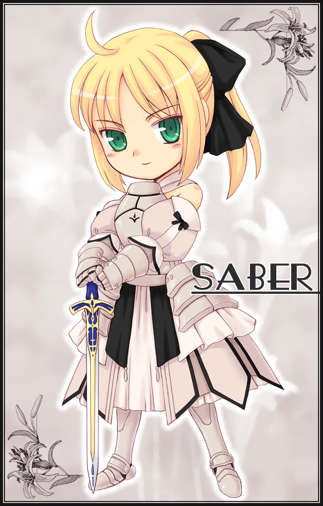 ahoge armor armored_dress artoria_pendragon_(all) blonde_hair dress fate/stay_night fate/unlimited_codes fate_(series) green_eyes orebalgum ponytail saber saber_lily solo sword weapon
