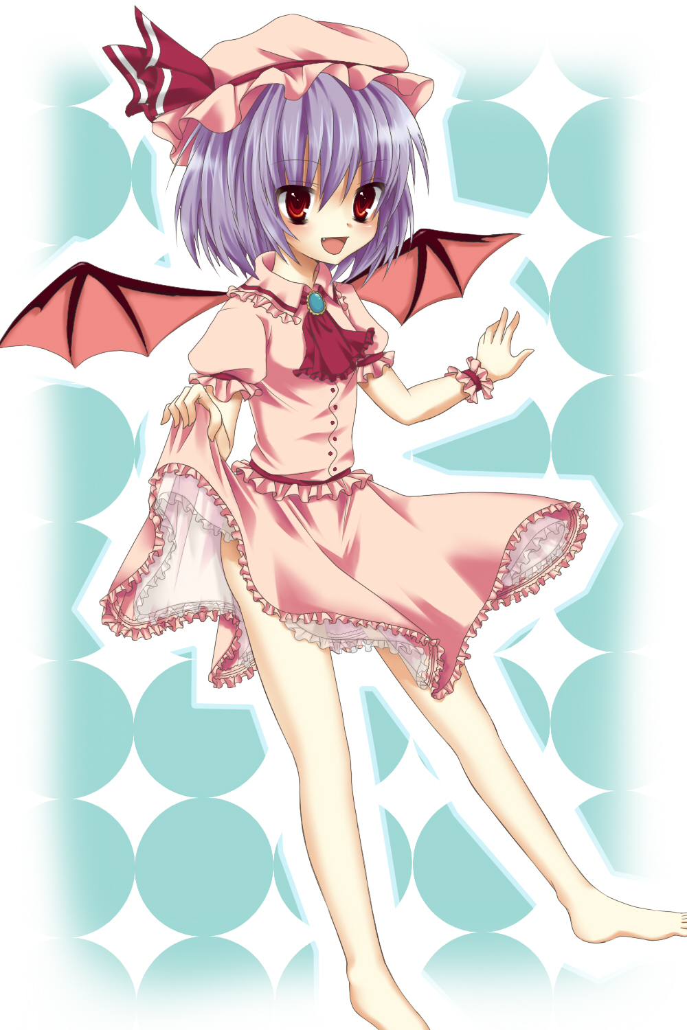 bad_id bad_pixiv_id barefoot bat_wings etou_(cherry7) fang hat highres purple_hair red_eyes remilia_scarlet ribbon skirt skirt_lift solo touhou wings wrist_cuffs