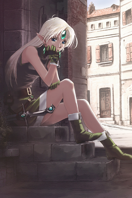 blonde_hair blue_eyes boots dungeons_&amp;_dragons:_shadow_over_mystara dungeons_and_dragons elf long_hair long_legs lucia_(d&amp;d) nyaou pointy_ears sitting sitting_on_stairs solo stairs sword weapon