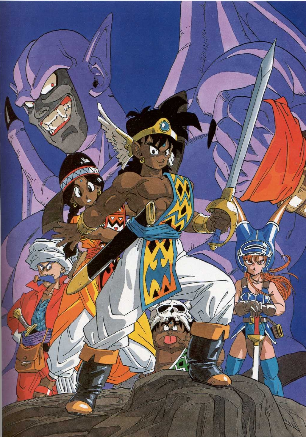 3boys :o abel_(dq) armpits bare_shoulders black_eyes black_hair bracelet character_request collarbone daisy_(dq) dark_skin dragon_quest dragon_quest_yuusha_abel_densetsu earrings fangs highres holding holding_sword holding_weapon jewelry looking_at_viewer multiple_boys multiple_girls official_art parted_lips pointy_ears spikes sword teeth tialah toriyama_akira weapon yanak