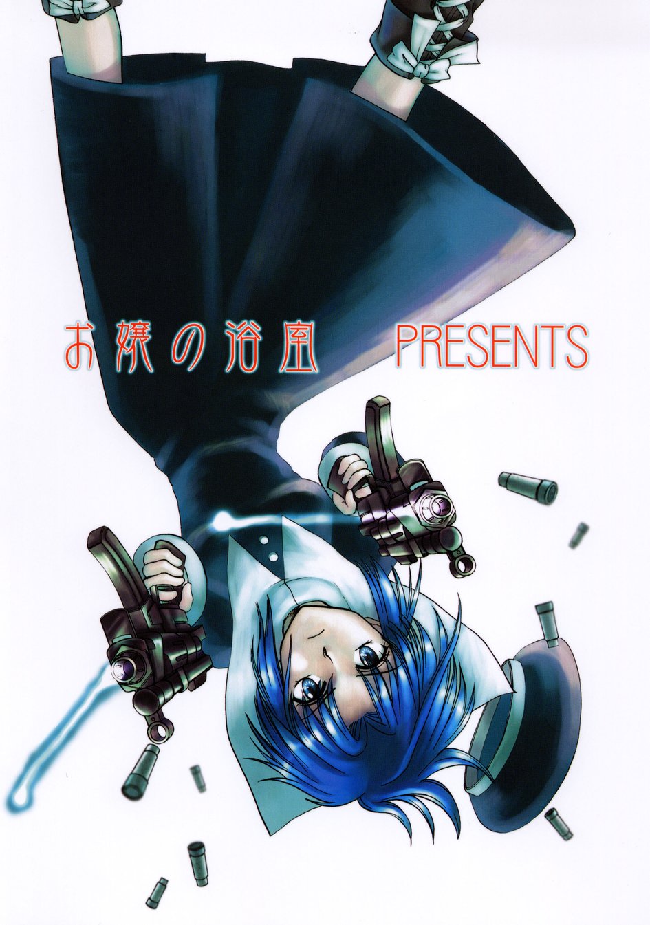 artist_request blue_eyes blue_hair casing_ejection ciel dual_wielding frown gun hat highres holding long_sleeves shell_casing smoke smoking_gun solo tsukihime upside-down weapon