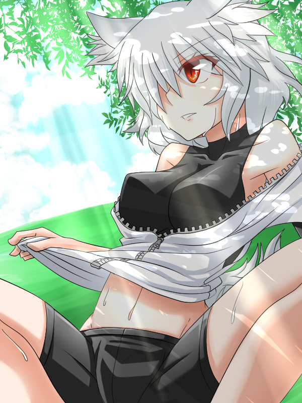 against_tree animal_ears bad_id bad_pixiv_id bare_shoulders breasts casual covered_nipples dappled_sunlight day inubashiri_momiji katsumi5o large_breasts looking_away midriff navel red_eyes short_hair shorts silver_hair sitting skin_tight sky solo sports_bra spread_legs sunlight tail touhou tree underwear wolf_ears wolf_tail