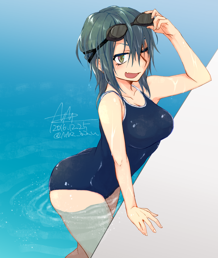 blue_hair breasts brown_eyes cleavage collarbone dated fang goggles goggles_on_head kantai_collection looking_at_viewer medium_breasts nmz_(namazu) no_eyepatch one-piece_swimsuit one_eye_closed open_mouth partially_submerged pool scar scar_across_eye short_hair signature smile solo standing swimsuit tenryuu_(kantai_collection) twitter_username wet